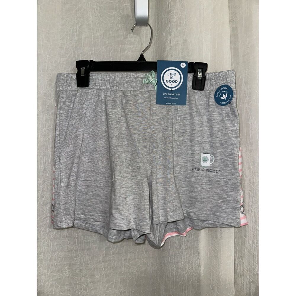 Life is Good Gray Pink White Stripes Coffee Cup Mug Graphic Sleep Shorts Set